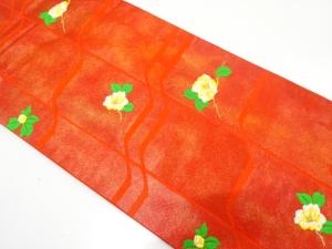 変わり格子に枝花模様織り出し　名古屋帯